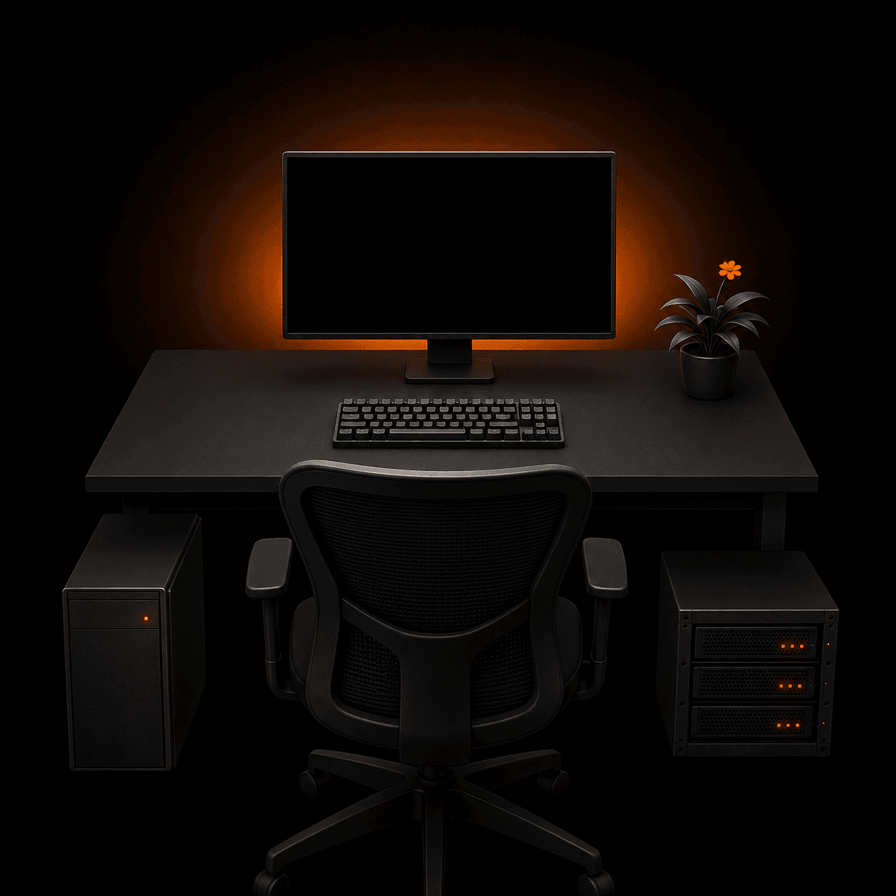 First-person view of a CoalHost server-hosting desk and monitor